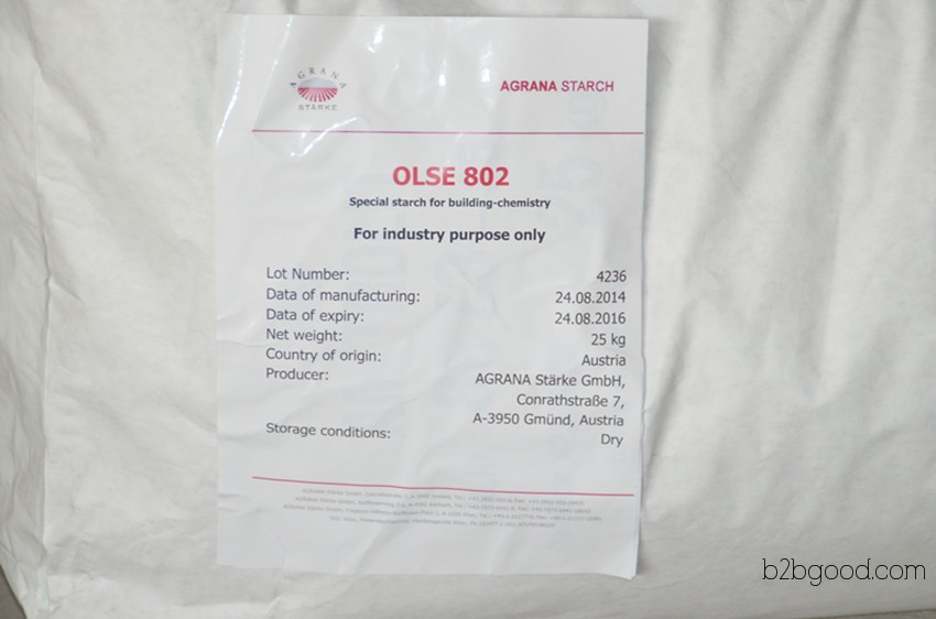 Austrian Starch Ether OLSE802 is suitable for gypsum-based and cement-based materials, putty, mortar, tile adhesives, and to increase viscosity.
