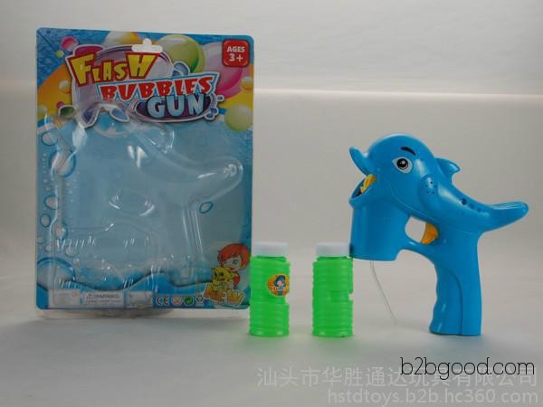Manufacturer-supplied electric bubble blowing toys. Dolphin-colored bubble guns with lights and music function, include 2 bottles of bubble solution. Electric bubble guns, electric bubble sticks, chil