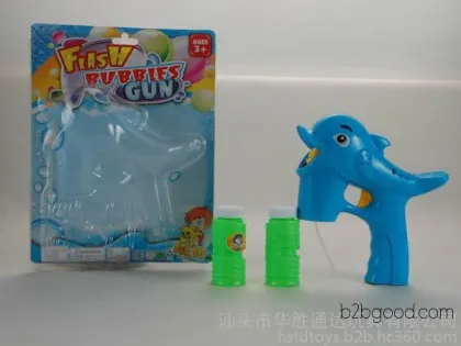 Manufacturer-supplied electric bubble blowing toys. Dolphin-colored bubble guns with lights and music function, include 2 bottles of bubble solution. Electric bubble guns, electric bubble sticks, chil