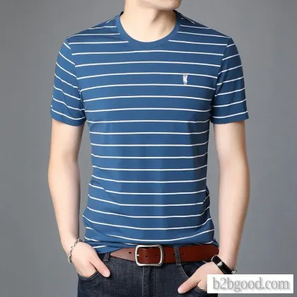 Loose and comfortable mercerized cotton T-shirt with round collar, stripe, small embroidery