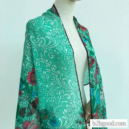 MAIDILANG 100% silk 6MM chiffon long silk scarf with pine green totem