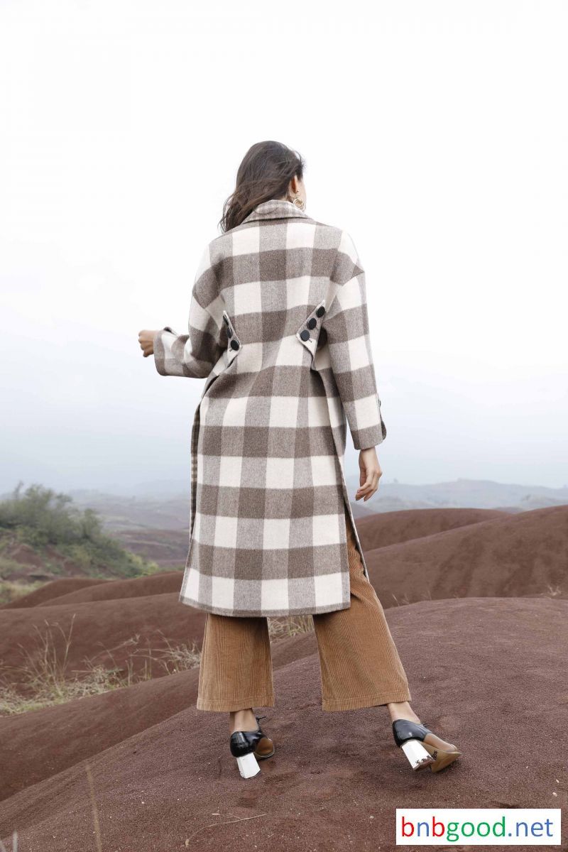 Large square small collar long sleeve ladies wool long trench coat