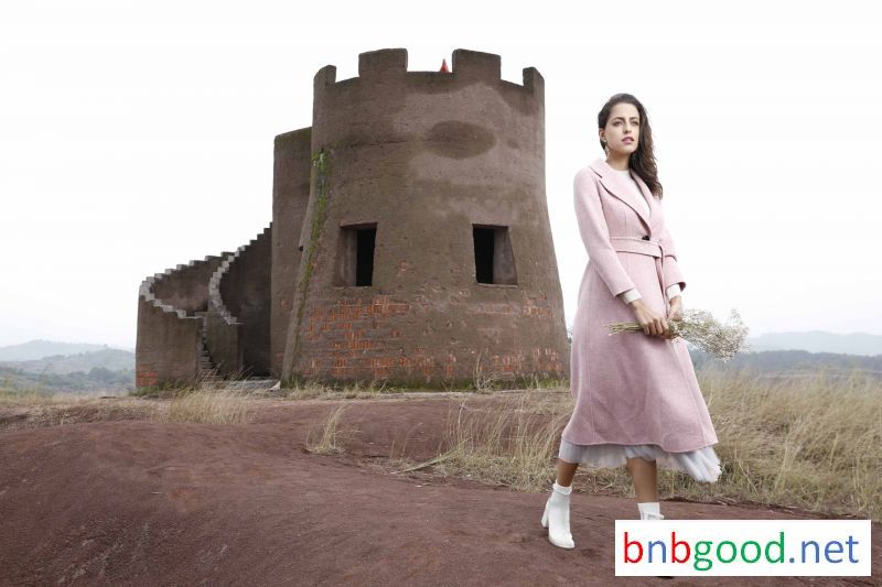 Pink large collar corset ladies wool long trench coat