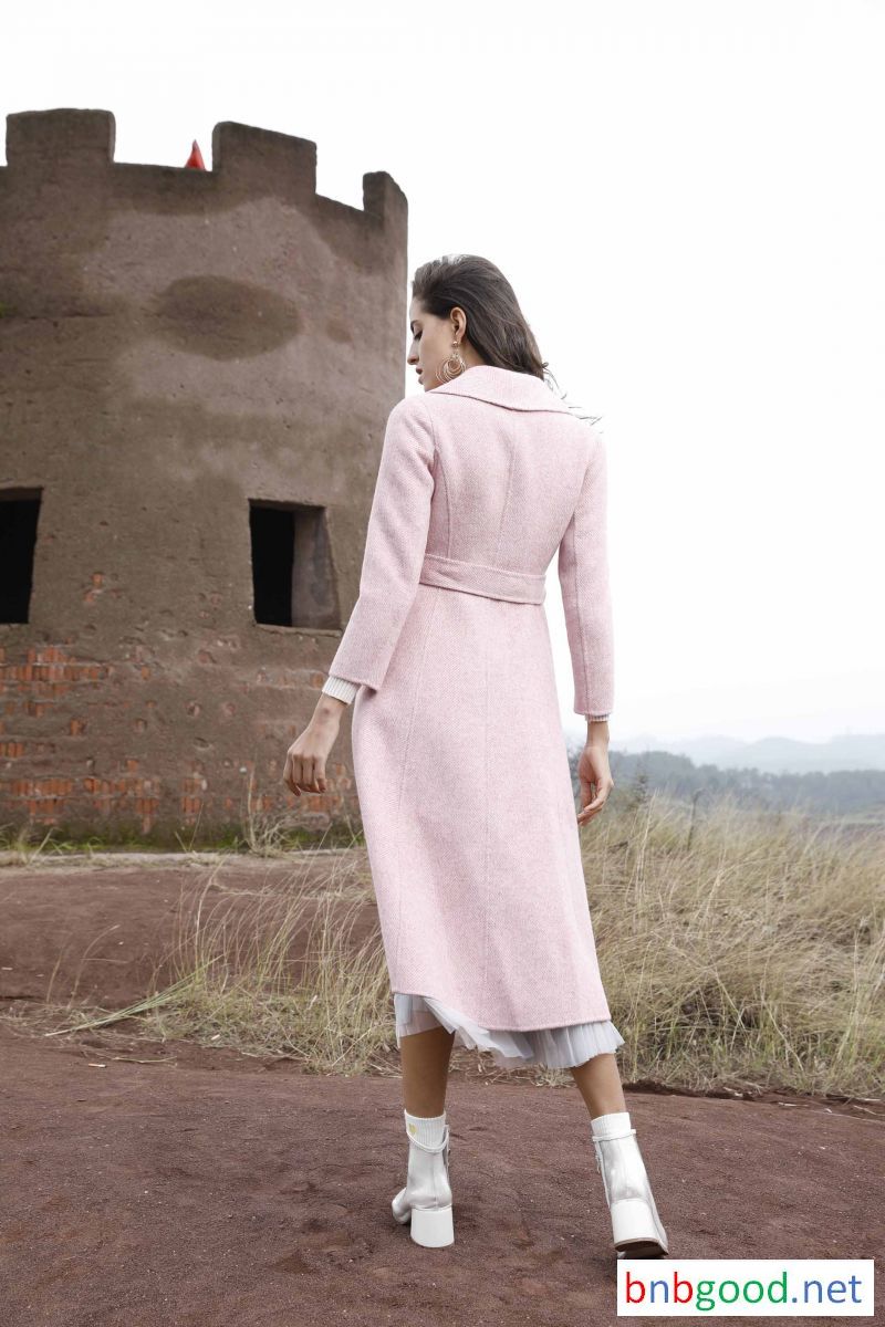 Pink large collar corset ladies wool long trench coat