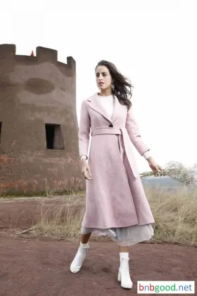 Pink large collar corset ladies wool long trench coat