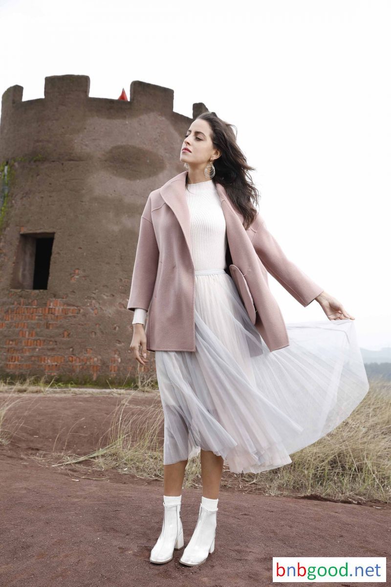 Pink big collar lady short wool coat