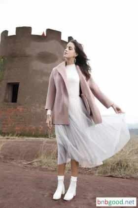 Pink big collar lady short wool coat