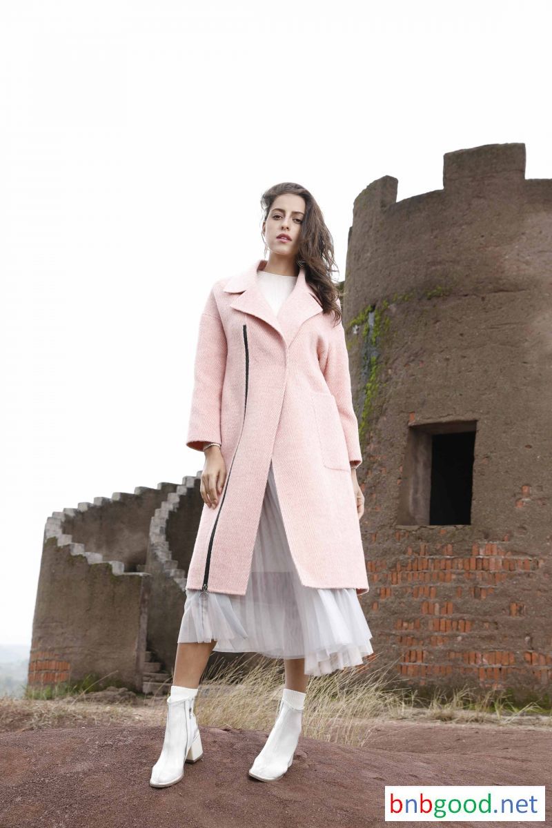 Pink double collar single pocket black zip long trench coat