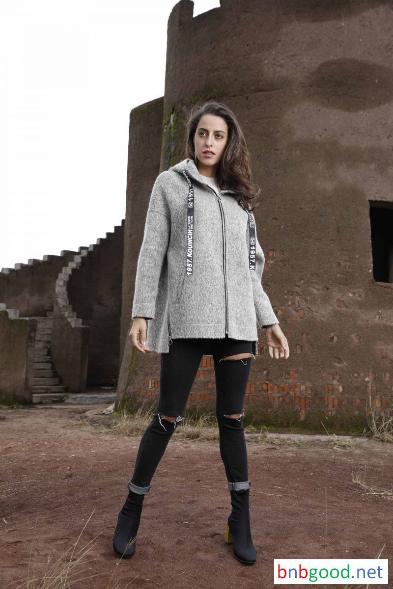 Grey hooded simple design female jacket