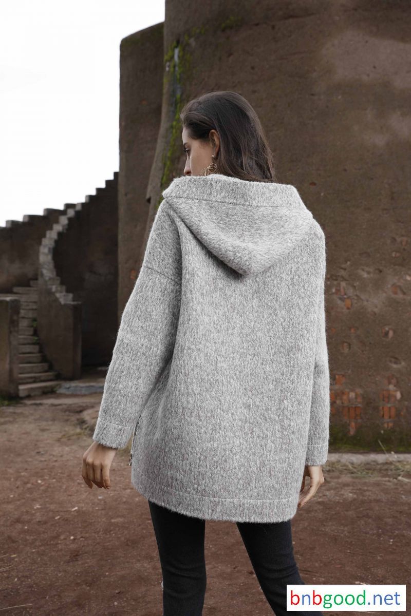 Grey hooded simple design female jacket