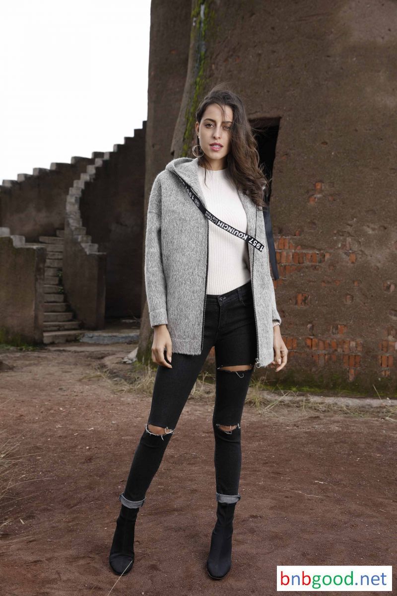 Grey hooded simple design female jacket