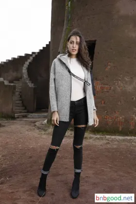 Grey hooded simple design female jacket