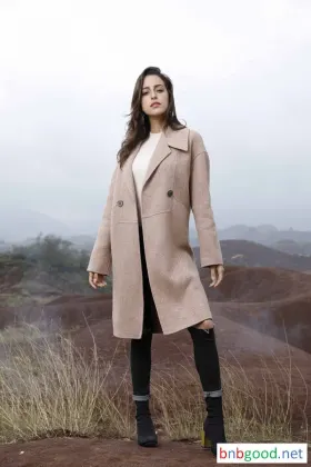 Pointed collar double buckle long sleeves, pink white, ladies long coat