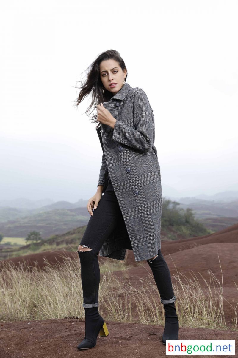Dark gray plaid, long ladies windbreaker