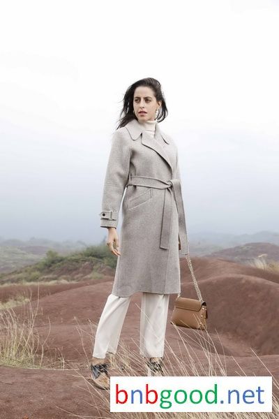 Ladies'cashmere long coat with light grey waist